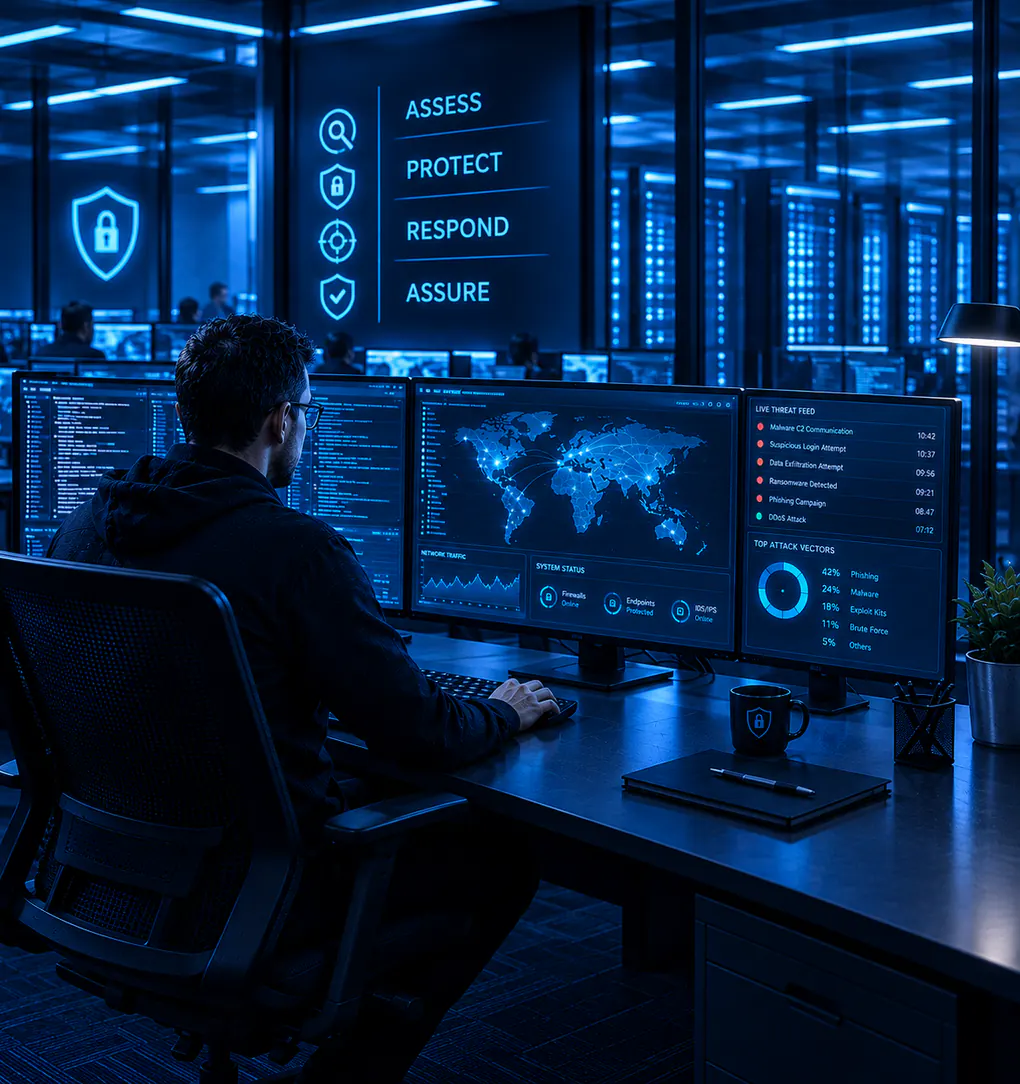 An analyst at a bank of monitors in a security operations centre, watching a live threat feed and a world map of network activity, beneath a wall sign reading Assess, Protect, Respond, Assure.