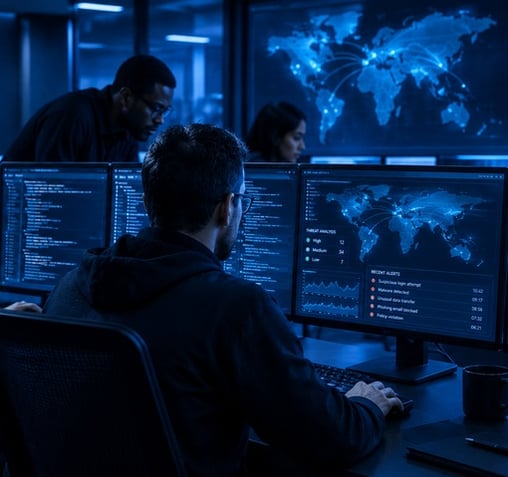 A small security team at work: one analyst at a bank of monitors showing threat analysis and recent alerts, while two colleagues look on in front of a wall-sized network map.