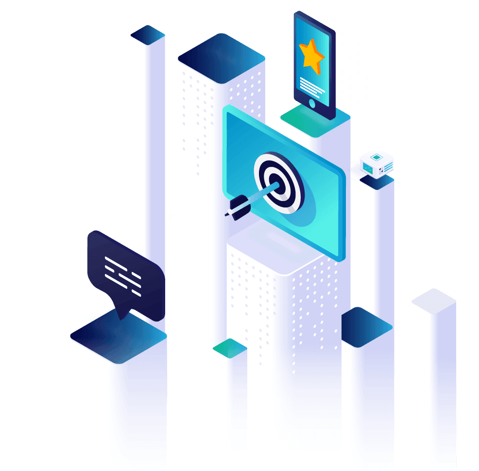 Illustration of a screen with an arrow in the bullseye of a target, among isometric towers with a smartphone showing a star rating, a speech bubble and a small server.