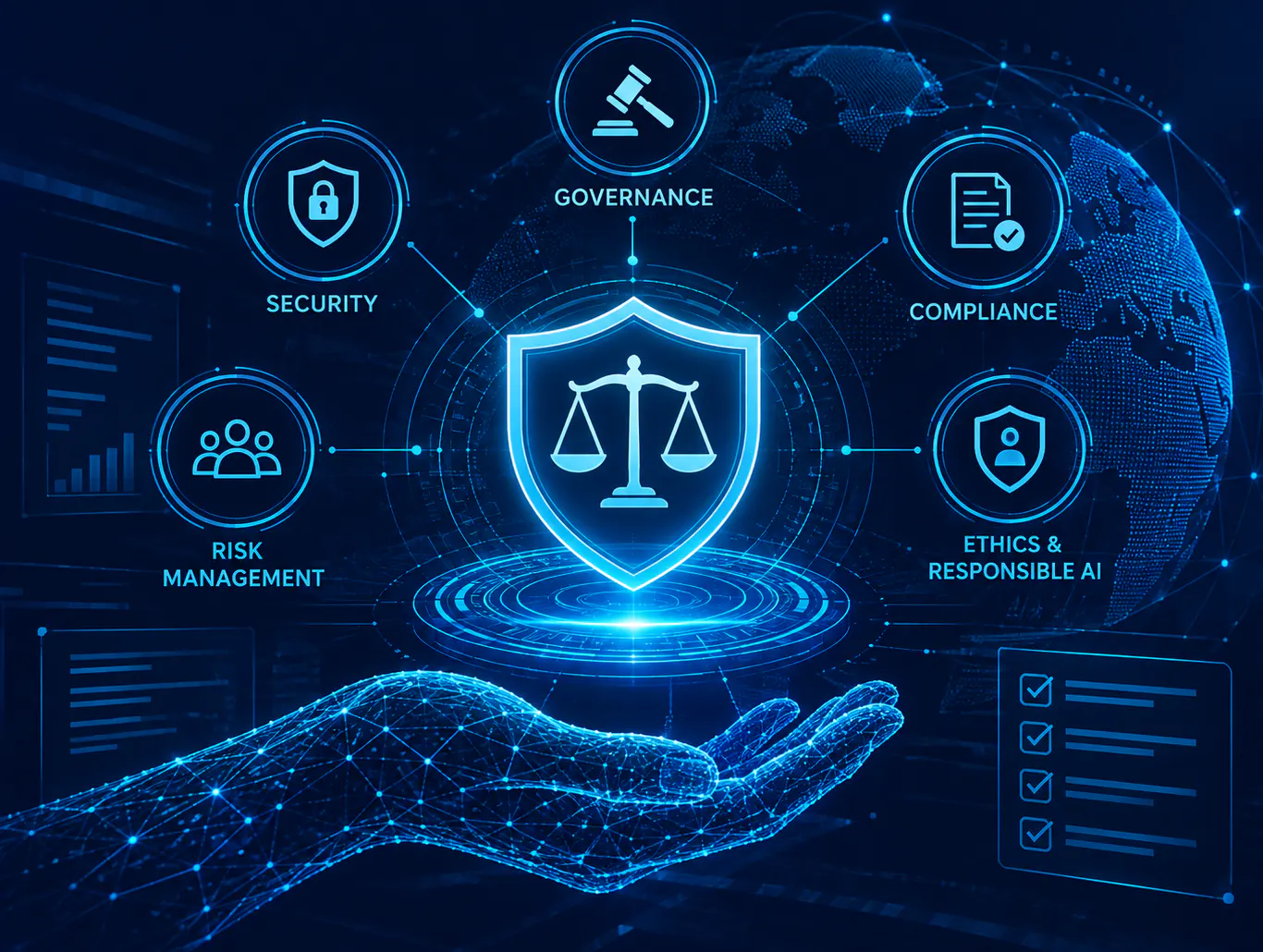Illustration of a glowing shield with scales of justice above an open hand, linked to icons labelled Governance, Security, Compliance, Risk Management, and Ethics & Responsible AI.