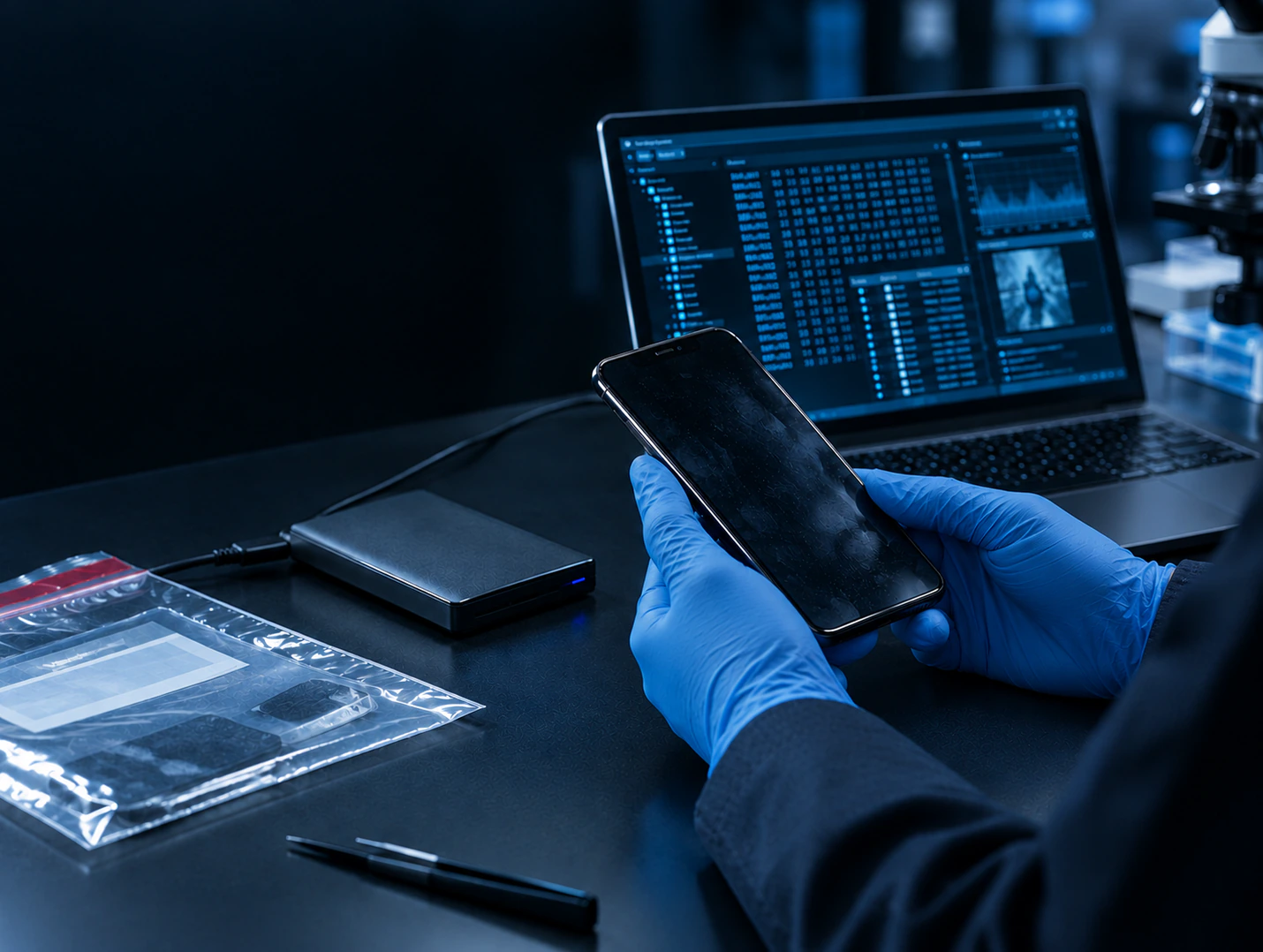 An examiner in blue nitrile gloves holds a smartphone at a dark forensic workstation, beside a connected external drive, a sealed evidence bag and tweezers, with a laptop running analysis software behind.