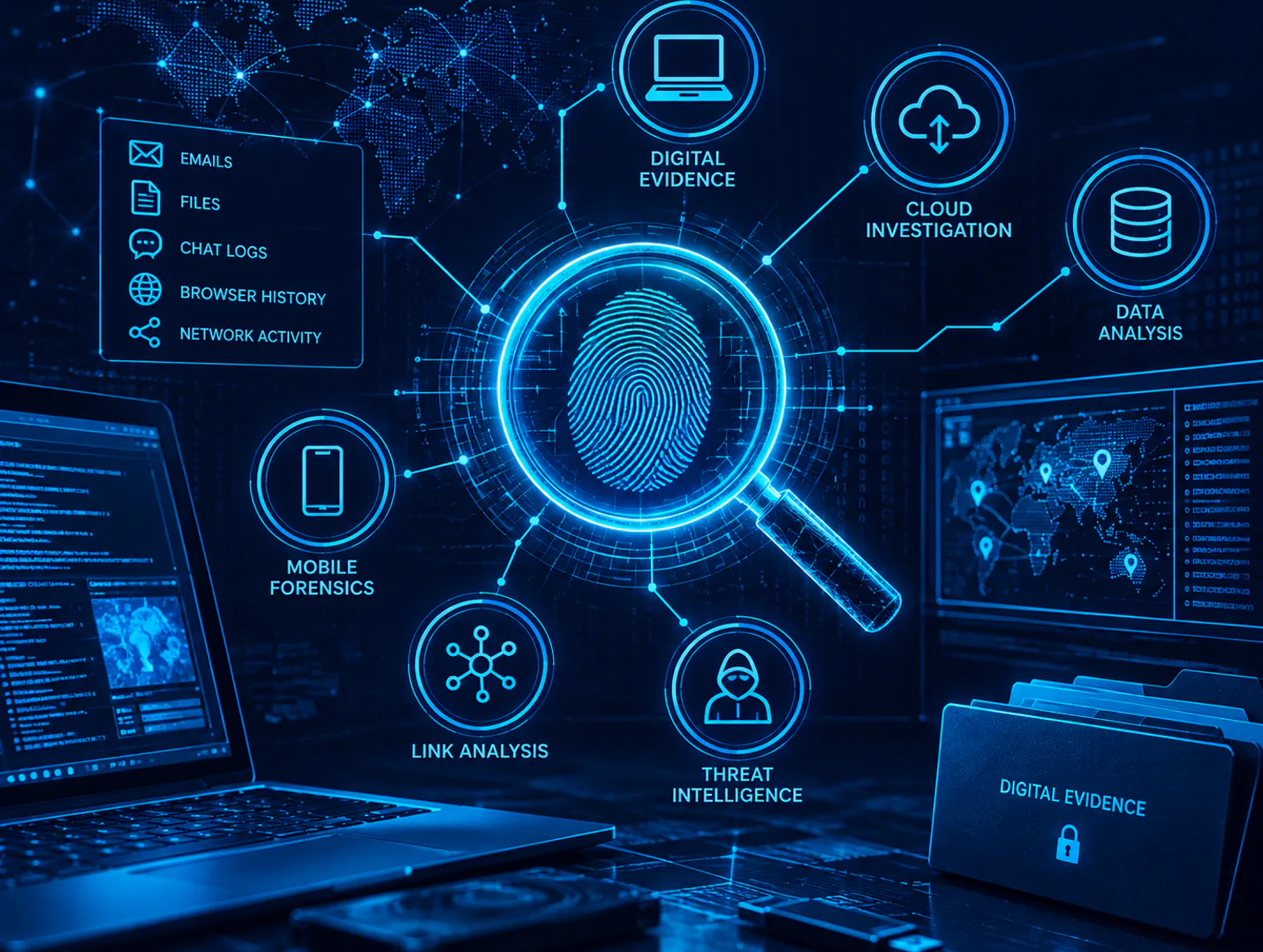 Illustration of a digital investigation: a glowing magnifying glass over a fingerprint, linked to icons labelled Digital Evidence, Cloud Investigation, Data Analysis, Mobile Forensics, Link Analysis and Threat Intelligence, with a list of evidence sources (emails, files, chat logs, browser history, network activity), a laptop, a world map with location pins and a locked Digital Evidence folder.