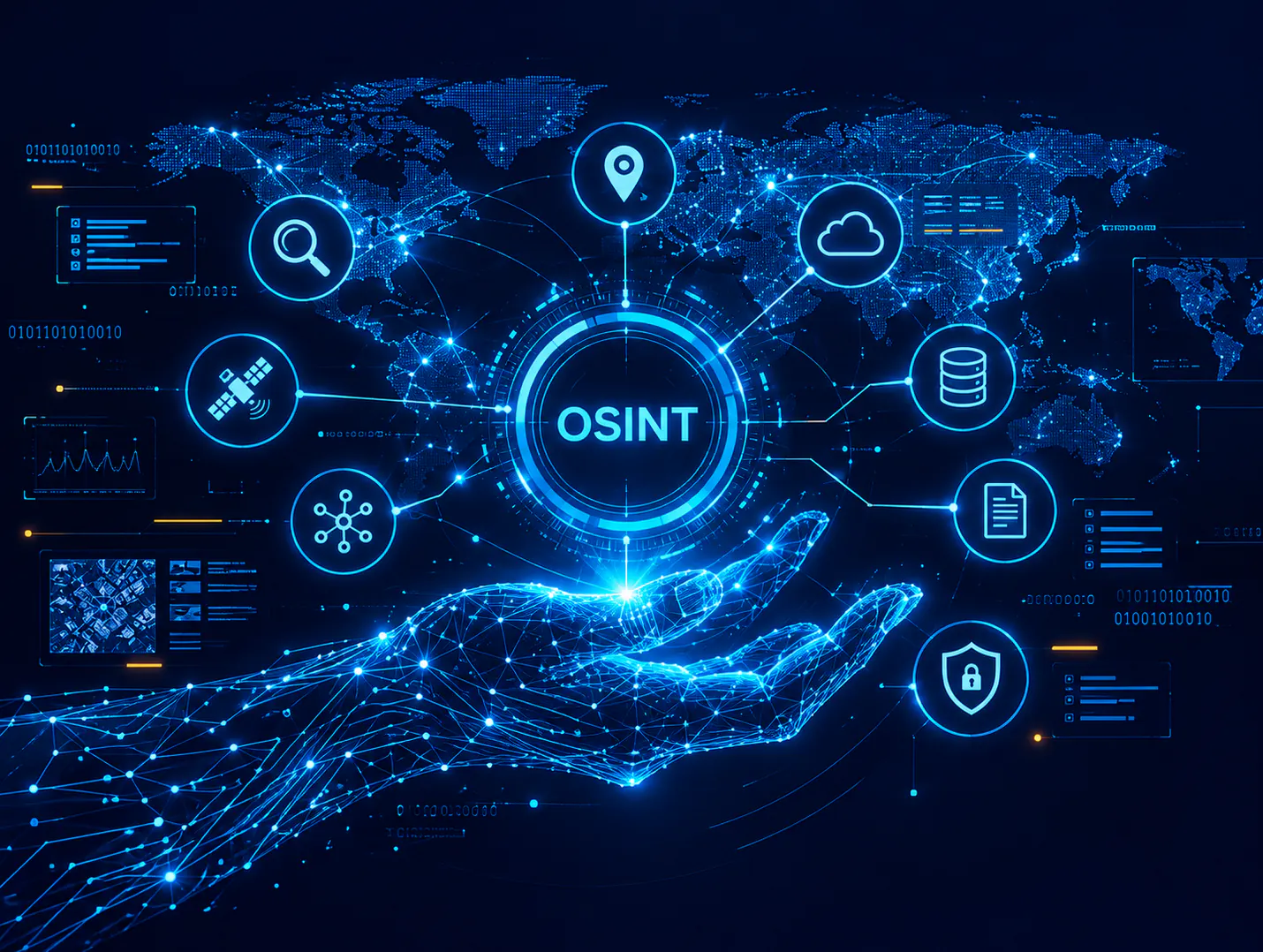 Illustration of open-source intelligence: a glowing OSINT hub above an open hand made of network lines, connected to icons for search, location, satellite, cloud, databases, documents and security, over a world map.